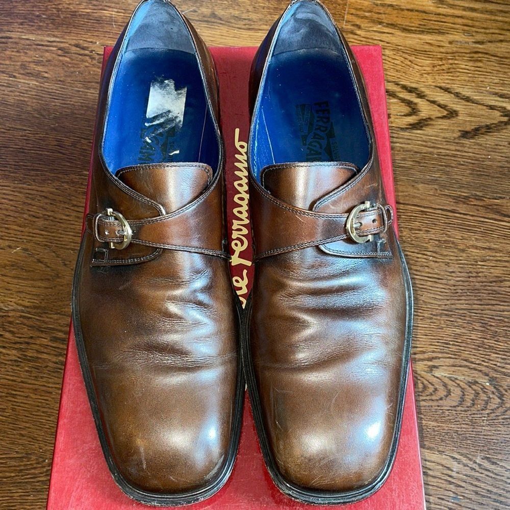 Vtg Salvatore Ferragamo “Rigo” dark brown‎ calf dress shoes with side buckle